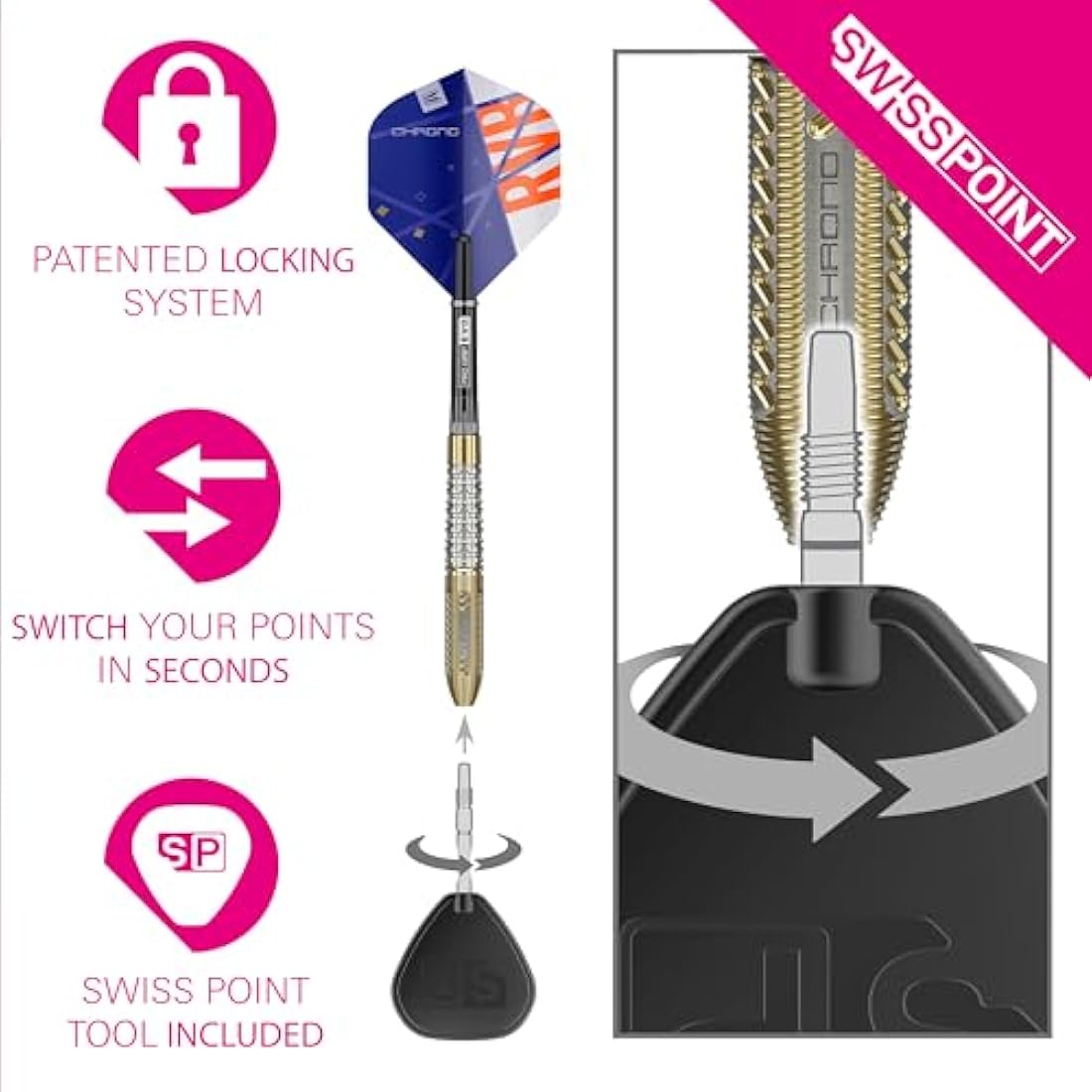 TARGET Darts Raymond van Barneveld Chrono Steel Tip Swiss Point Darts, 95% Tungsten Dart Set, 21G/23G/25G | Includes Dart Storage Case Takoma Wallet, Extra Dart Flights, Swiss Dart Points & SP Tool