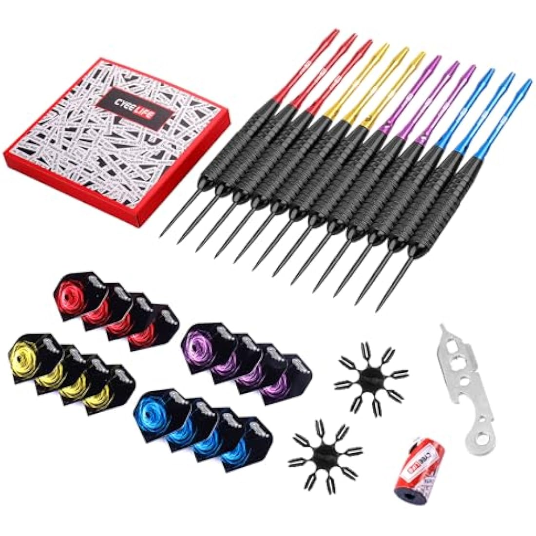 CyeeLife Steel tip Darts set 22/28g with Aluminium Shafts, 16 Protectors, Flights, Sharpener and Tool,12pcs For Beginner