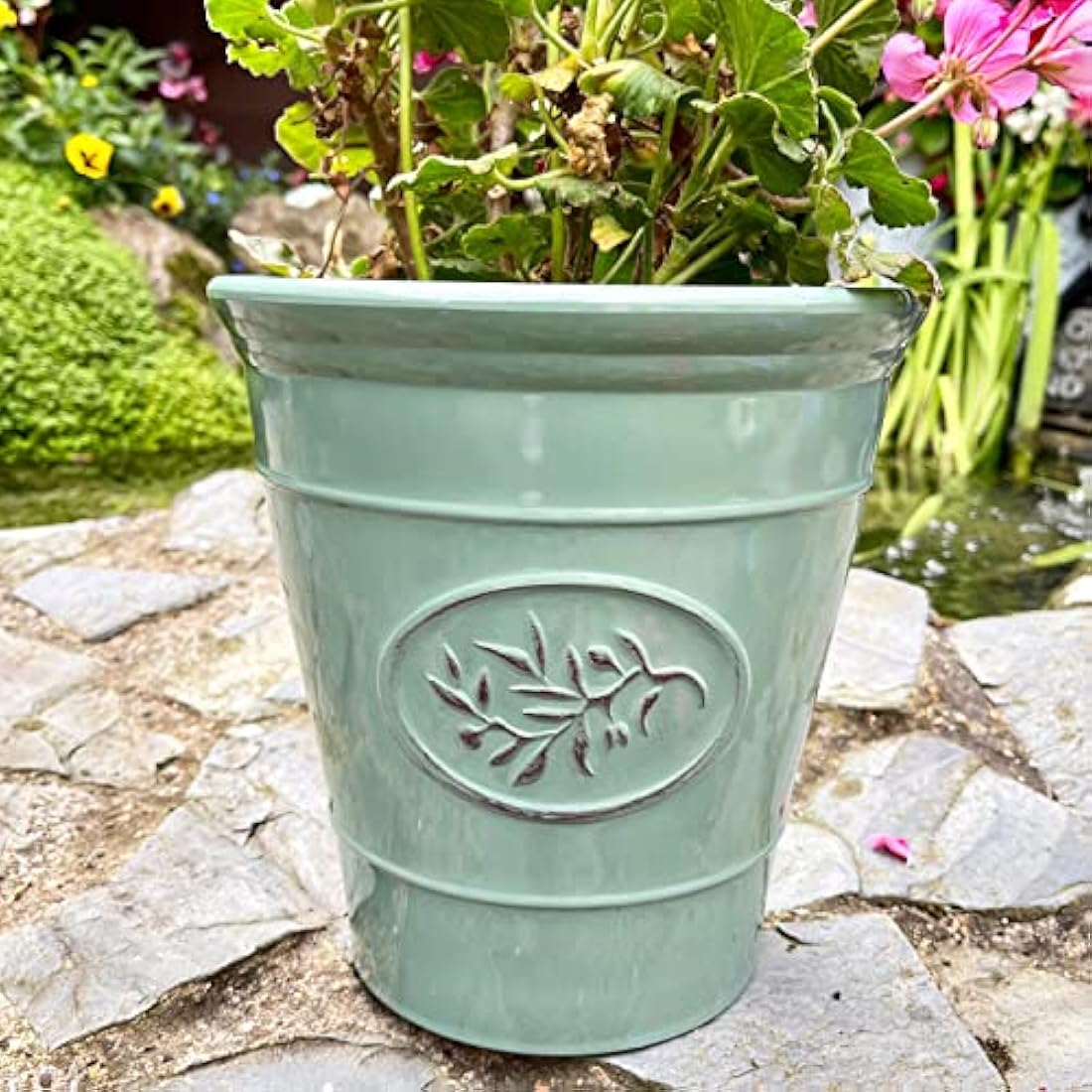 Darthome Glossy Round Planter Ceramic Effect Plastic Light Classic Garden Flower Pot Blue Grey Green 23cm (Green)