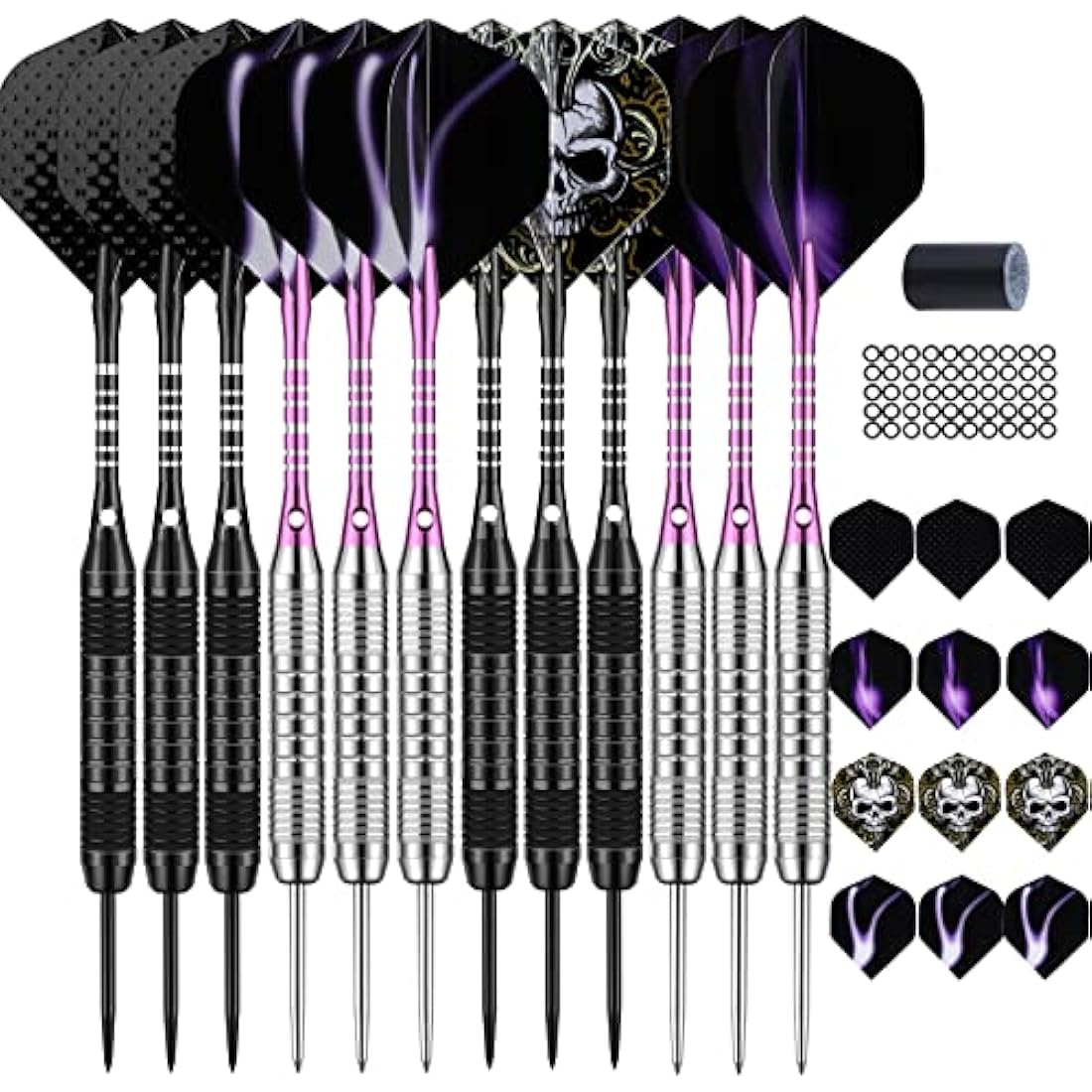 DARTSPACE 12 Pack Steel Tip Darts Set 22 24 Grams, Metal Tip Darts with Premium Black Blue Purple Darts Stem 24 Flights Extra 50 Rubber O-Rings 1 Dart Sharpener for Dart Board