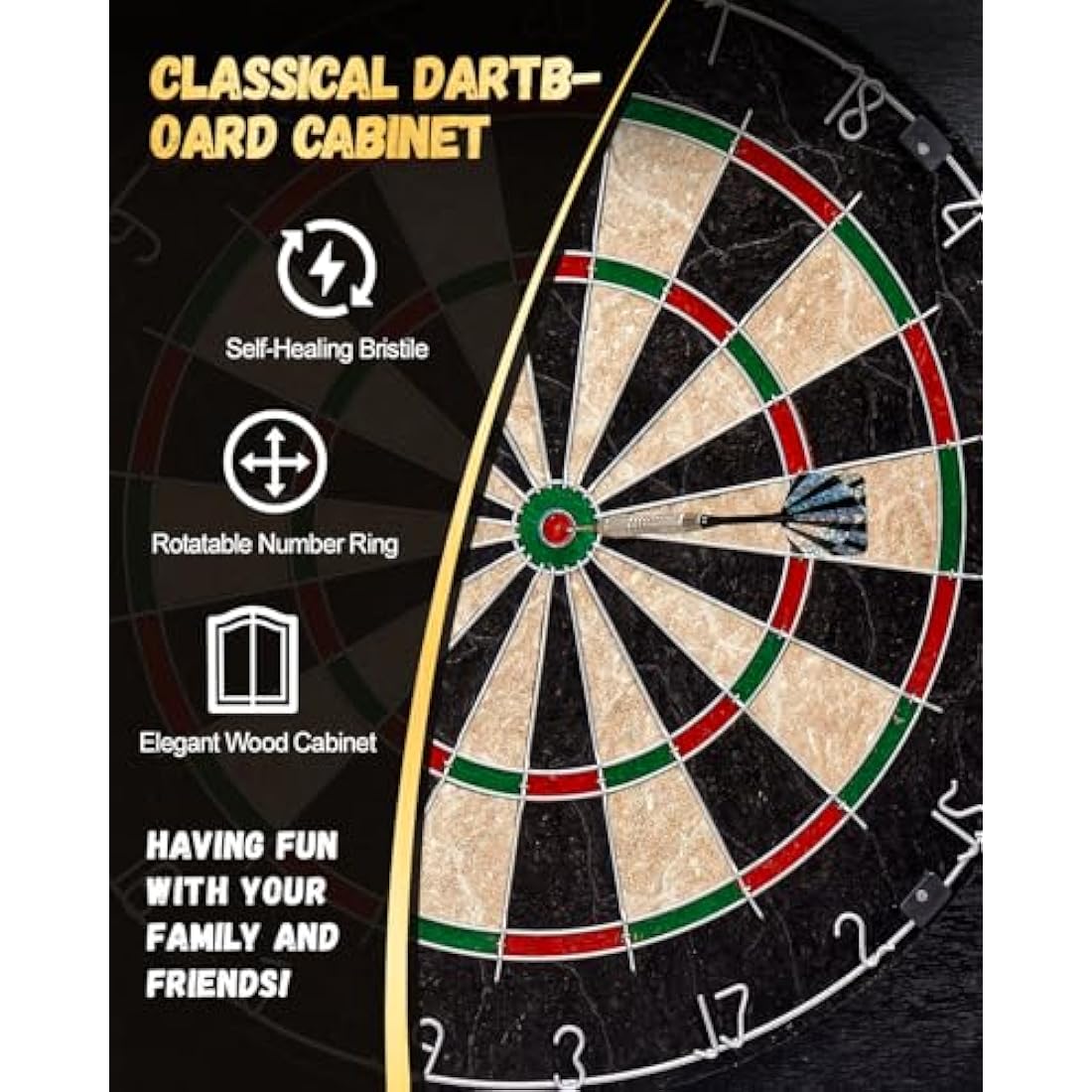 Yirinatek Sisal Dart Board Cabinet Sets, Professional Dart Boards Set [12*Steel Darts] - Wooden Dartboard Cabinet with Integrated Scoreboard for Family Game Rooms