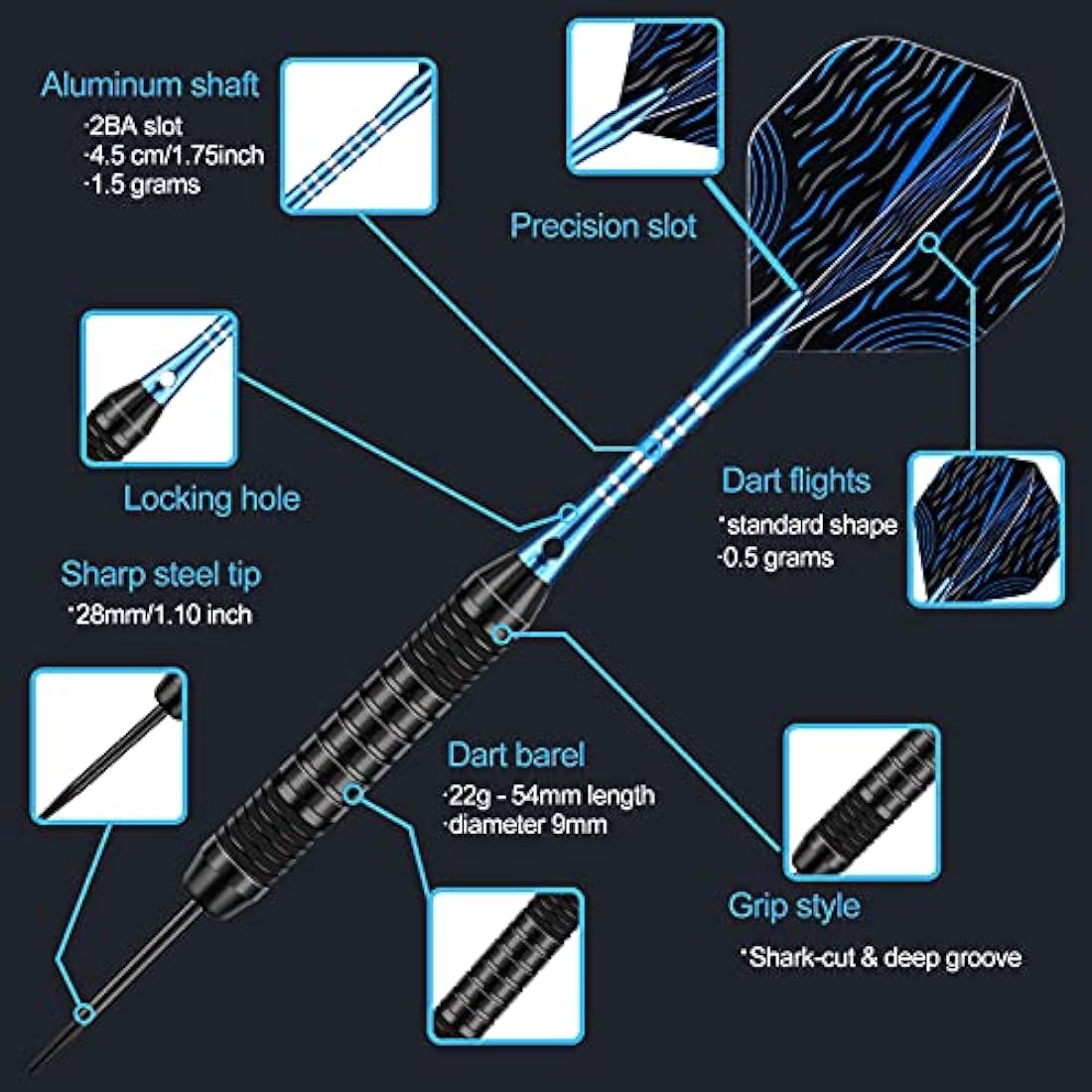 DARTSPACE 12 Pack Steel Tip Darts Set 22 24 Grams, Metal Tip Darts with Premium Black Blue Purple Darts Stem 24 Flights Extra 50 Rubber O-Rings 1 Dart Sharpener for Dart Board