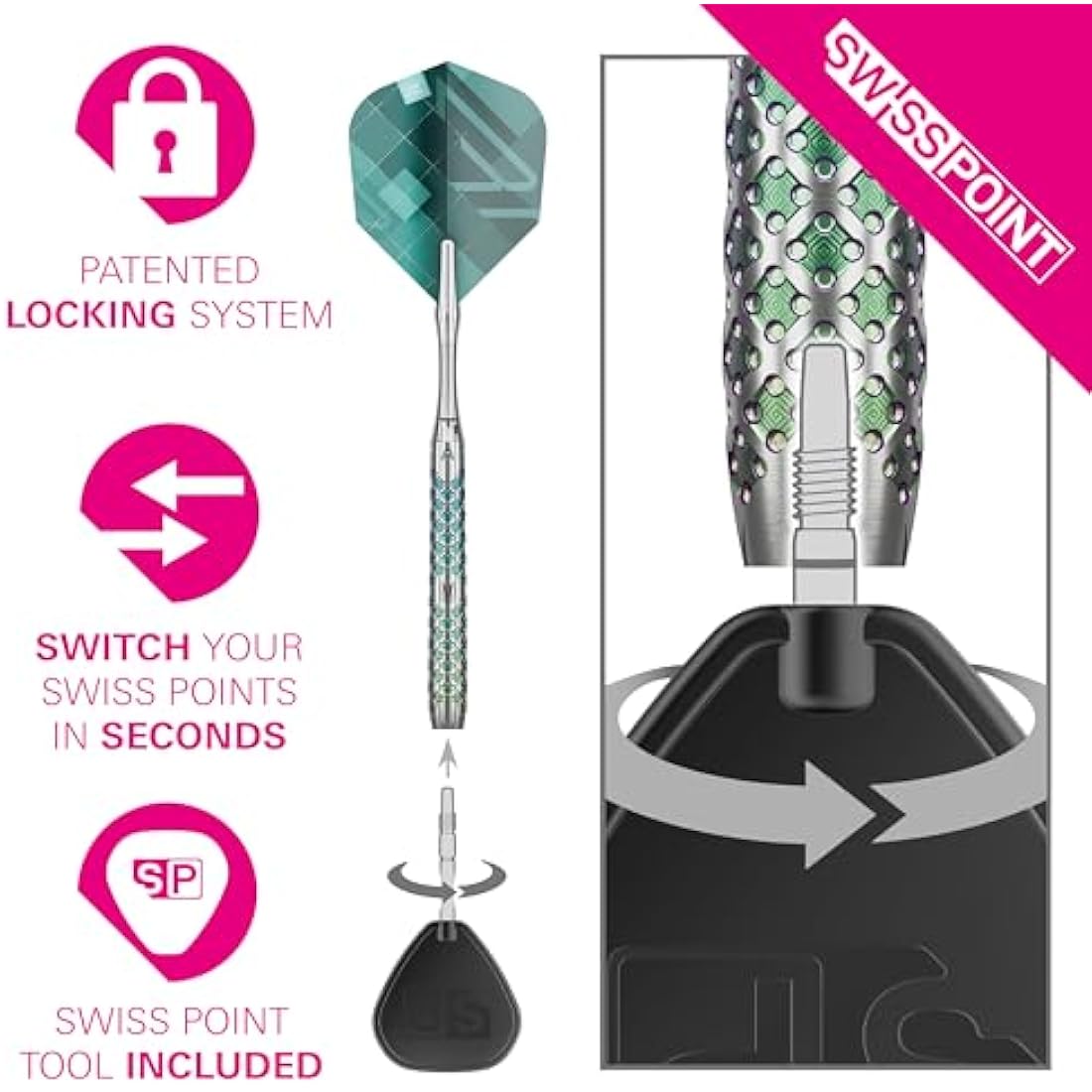 TARGET Darts Rove Steel Tip Swiss Point Darts, 90% Tungsten Dart Set | Steel Tip Dart, Green & Silver Darts, Professional Dart Set with Swiss Points & Tool | Barrel 01/02/03 –22G/23G/24G/25G