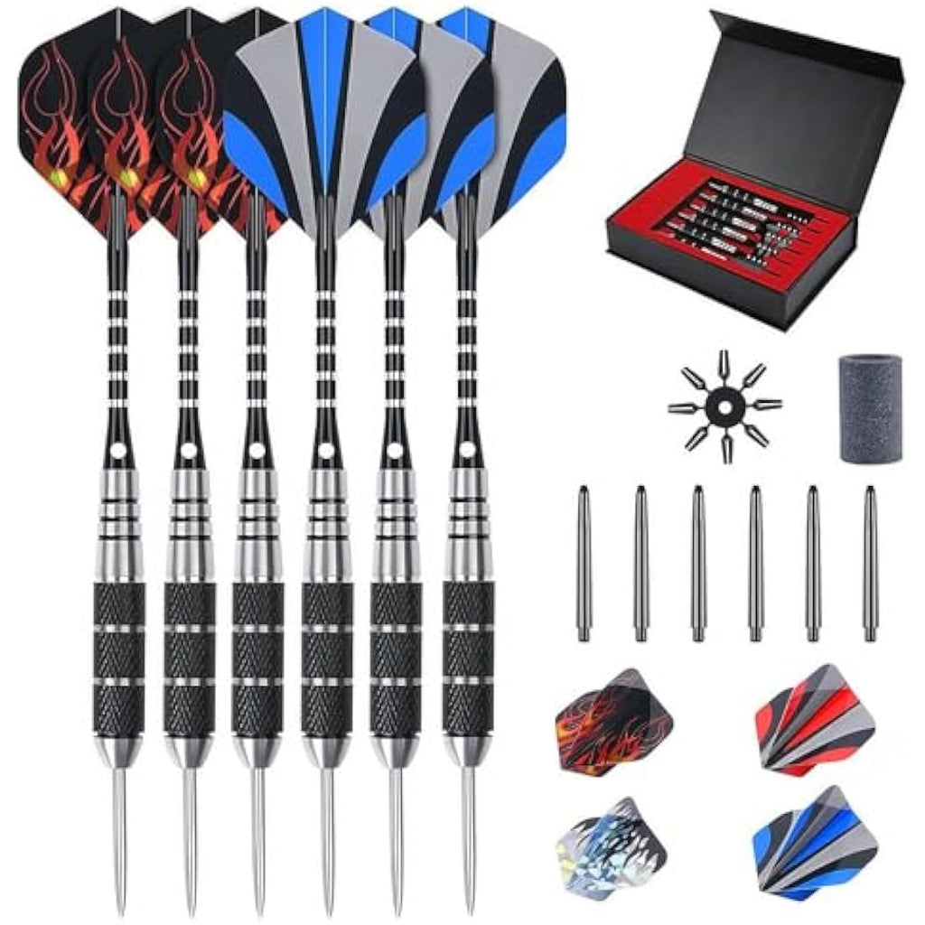 flintronic 6 Pack Steel Darts Set,Professional 22g/23g/24g Darts Tip with Non-slip Stainless Steel Shaft,4 Style Poly Flights,PVC Shafts,Dart Sharpener,Rubber Rings,Flight Protecter