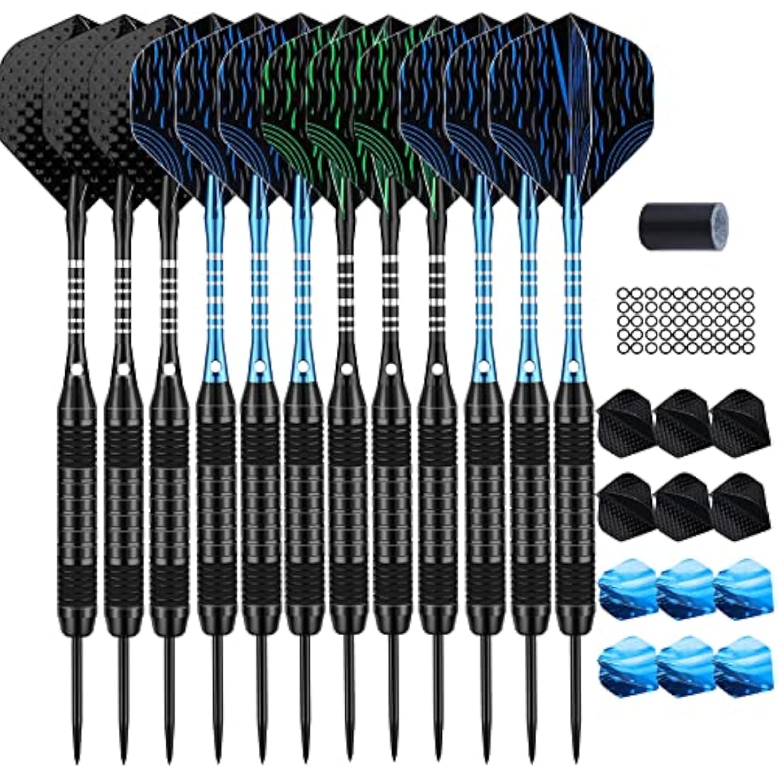 DARTSPACE 12 Pack Steel Tip Darts Set 22 24 Grams, Metal Tip Darts with Premium Black Blue Purple Darts Stem 24 Flights Extra 50 Rubber O-Rings 1 Dart Sharpener for Dart Board