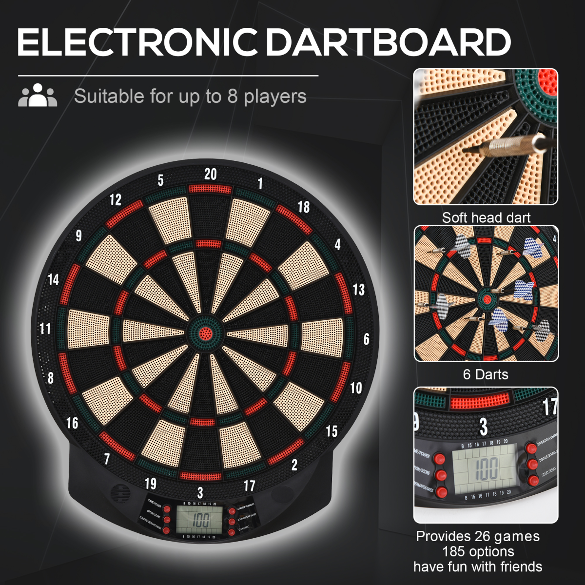 Electronic Dartboard 26 Games,185 Variations with 6 Darts Ready-to-Play