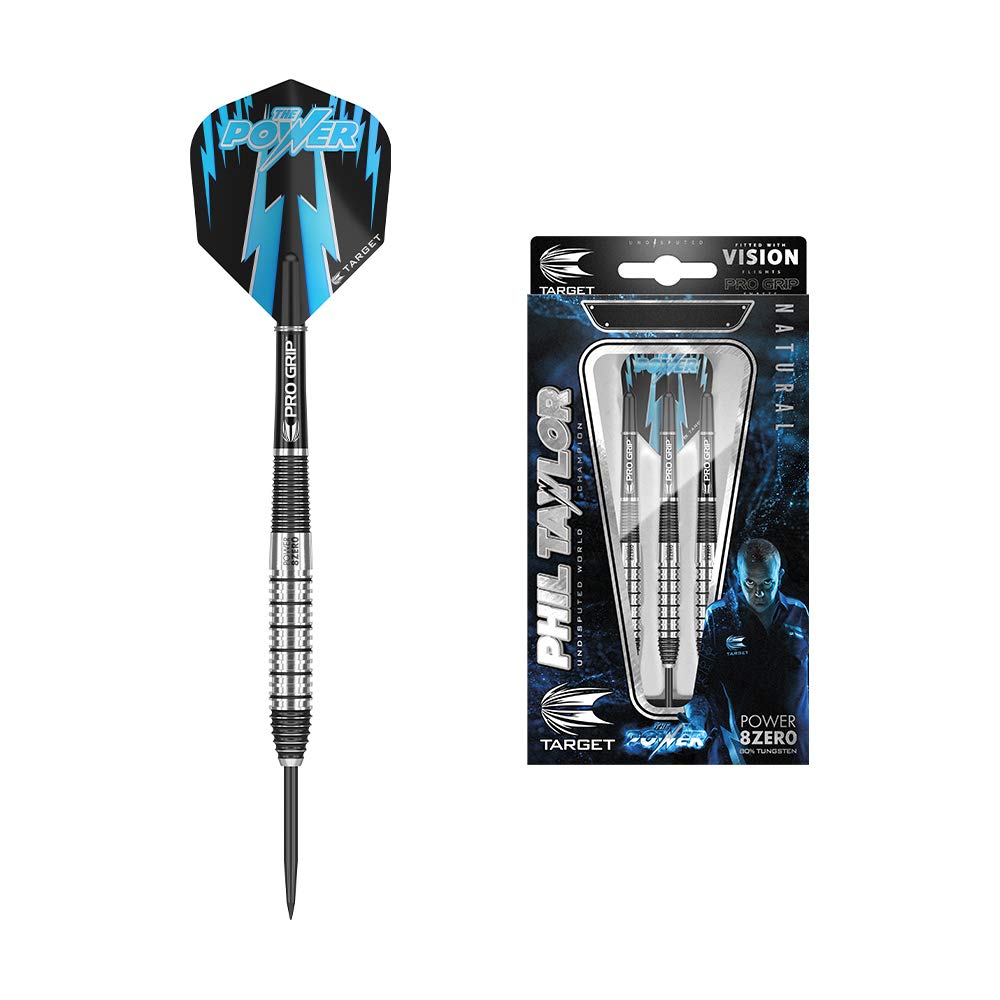 TARGET Darts Phil Taylor Power 8-Zero 2 Steel Tip Darts, 80% Tungsten Dart Set, 24G | Power 8 Zero Player Edition Darts with Fixed Points, Pro Grip