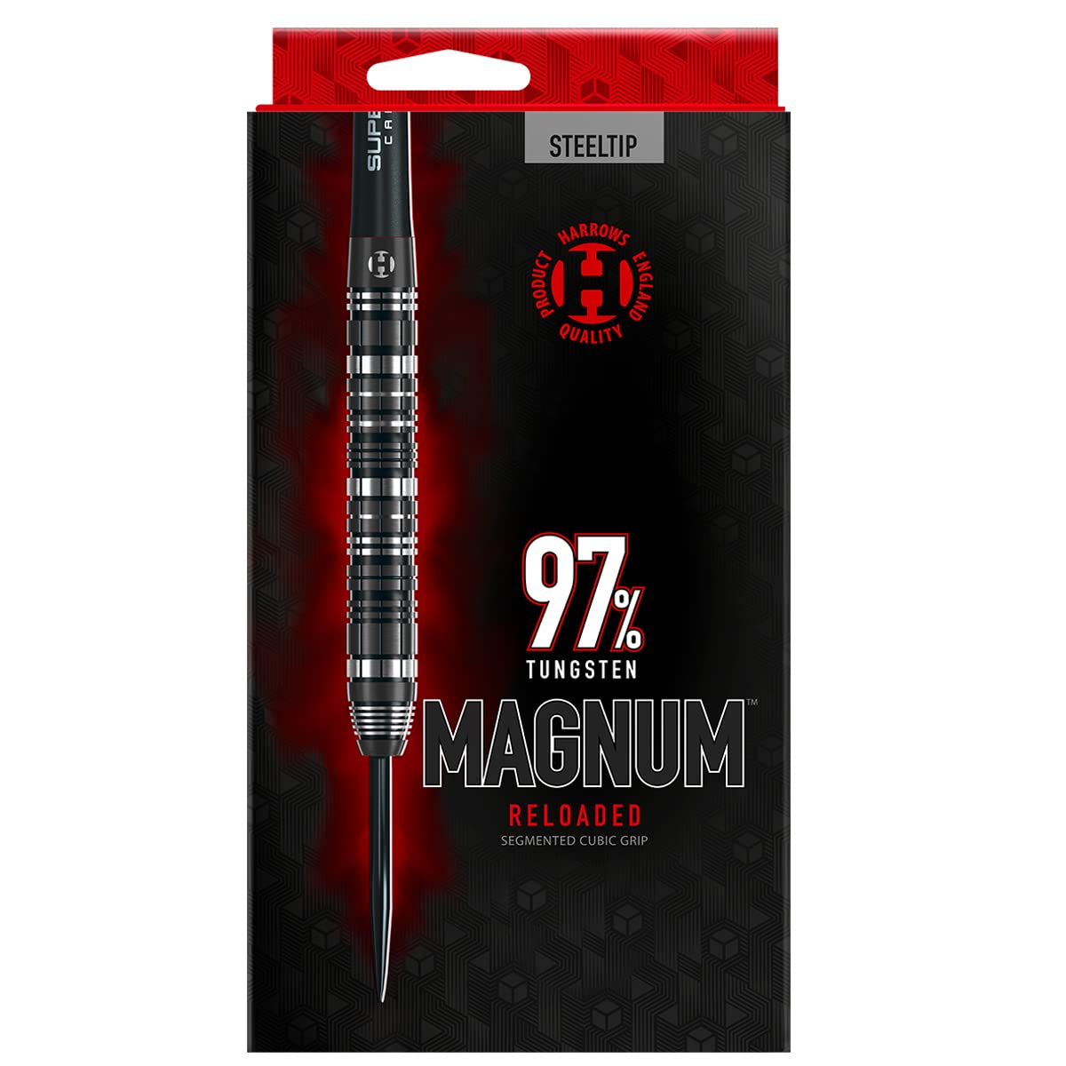 Harrows Magnum Reloaded 97% Tungsten Steel Tip Darts Set 22g, 23g, 24g, & 25g - Includes Slim Parallel Barrel, Silver Supergrip Carbon Midi Shafts &