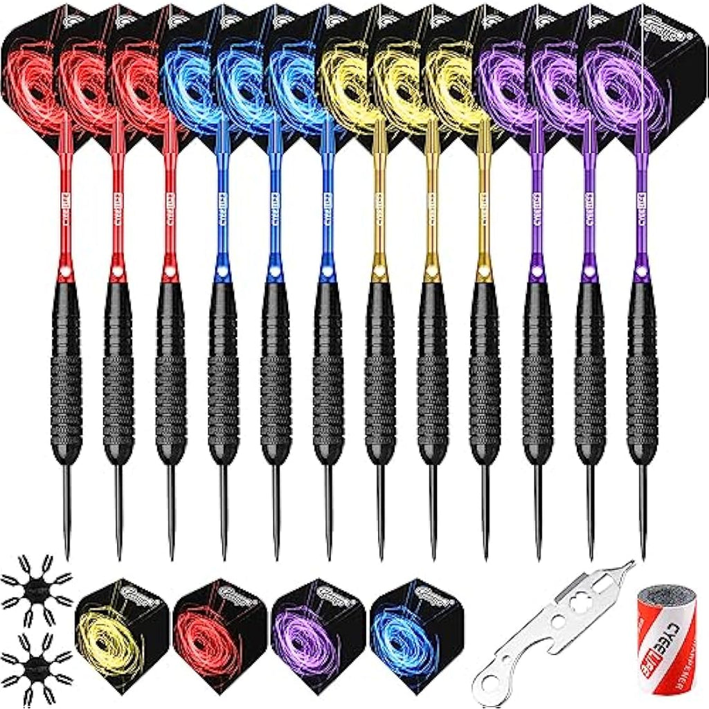 CyeeLife Steel tip Darts set 22/28g with Aluminium Shafts, 16 Protectors, Flights, Sharpener and Tool,12pcs For Beginner