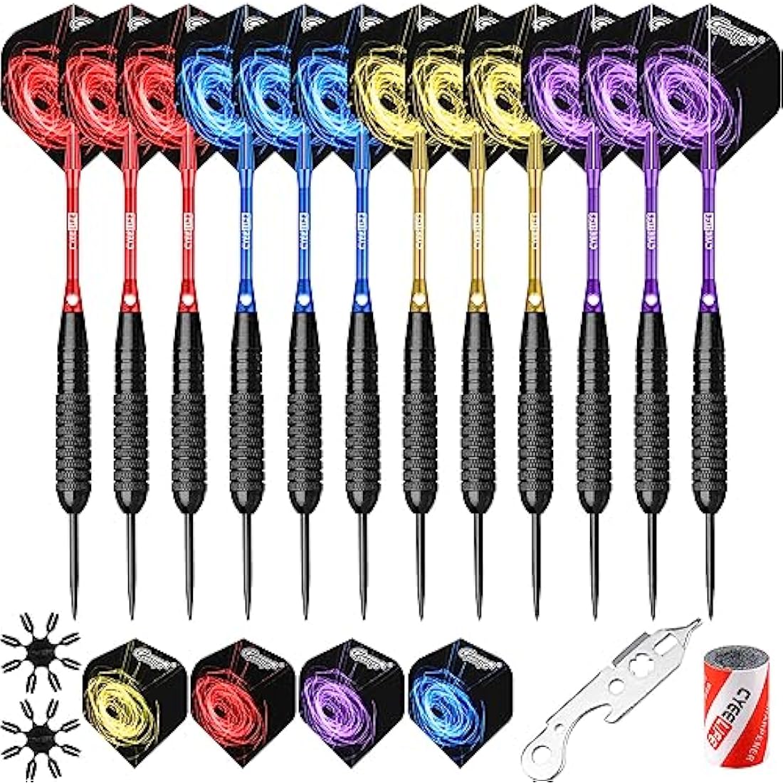 CyeeLife Steel tip Darts set 22/28g with Aluminium Shafts, 16 Protectors, Flights, Sharpener and Tool,12pcs For Beginner