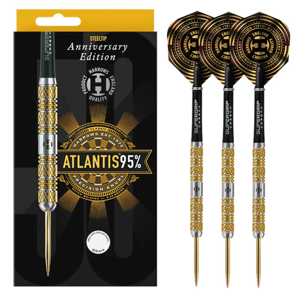 Harrows Atlantis 95% Tungsten Steel Tip Darts Set. Available in 22g, 24g, & 26g - Includes Midi Supergrip Carbon Shafts & New Anniversary 100 Micron