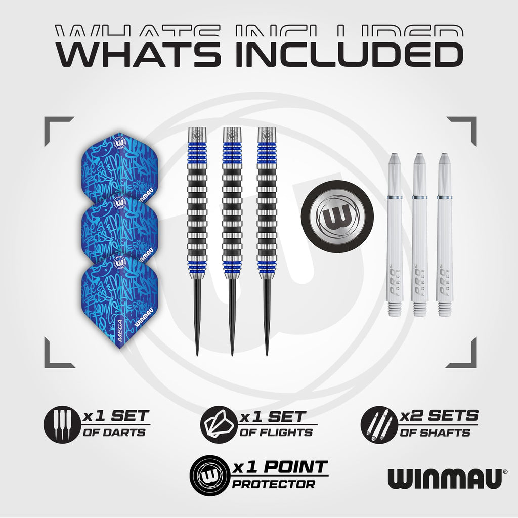 WINMAU Advance 500 Series Tungsten Blue 22 Gram Steeltip Darts Set with Flights and Shafts (Stems)