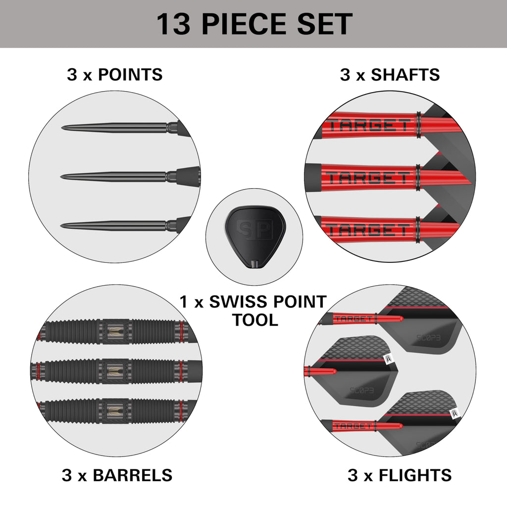 TARGET Darts Scope Steel Tip Swiss Point Darts, 90% Tungsten Dart Set, Barrel 04-23G | Steel Tip Dart Sets, Red & Black Darts, Professional Dart Set