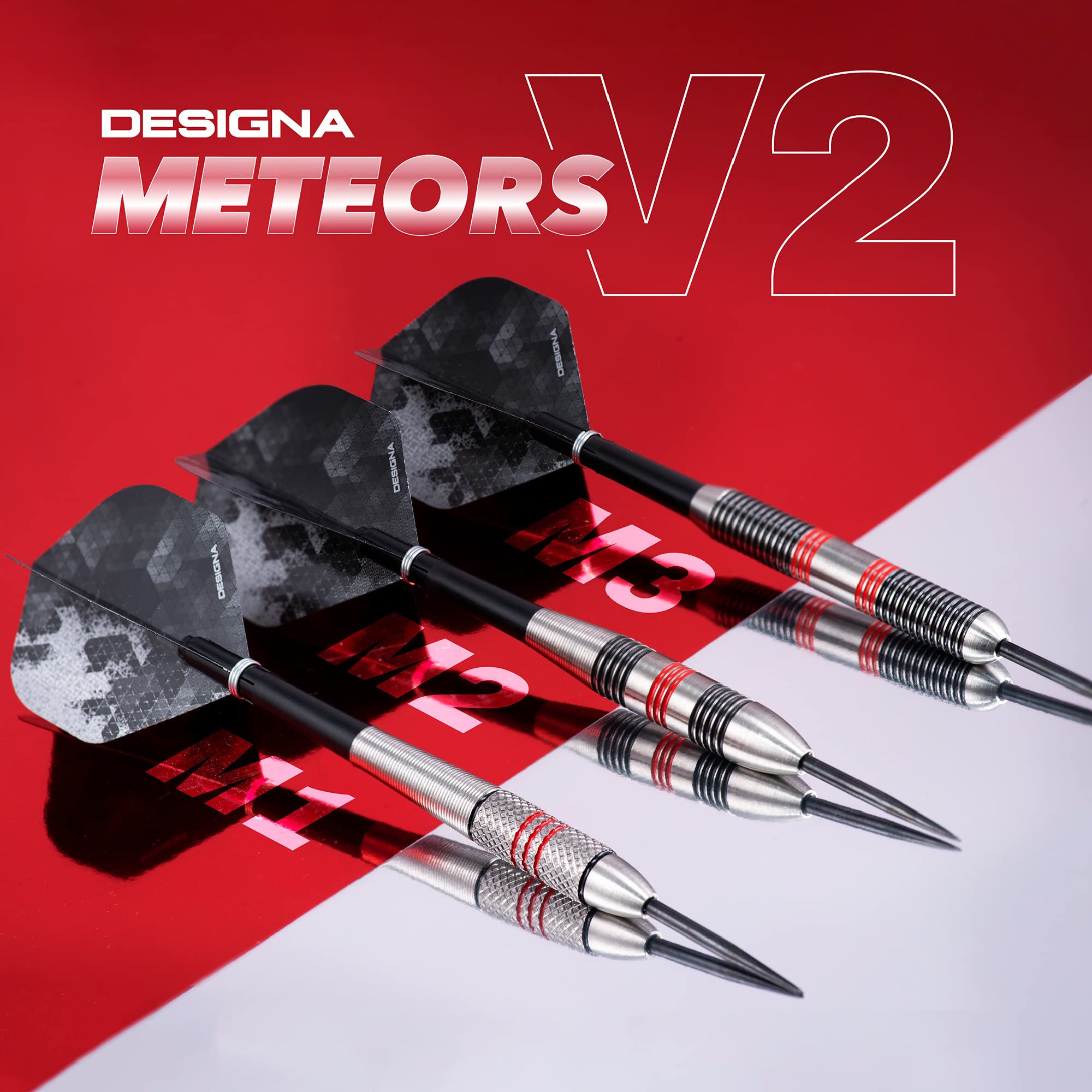 DESIGNA DARTS Meteors 90 V2 Darts | M2 | Ringed Steel Tip Darts Set | 36g (D8647)