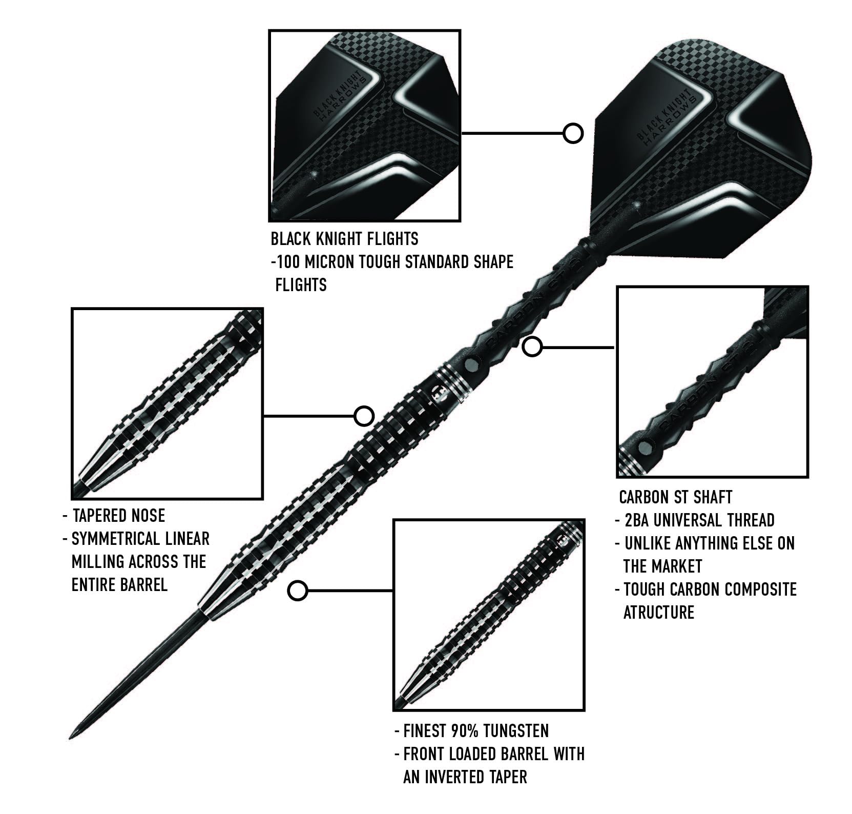 Harrows Black Knight 90% Tungsten Steel Tip Darts Set, 21g - 26g - Includes Black Carbon ST Midi Shafts & Micron Black Knight Flights (25g)