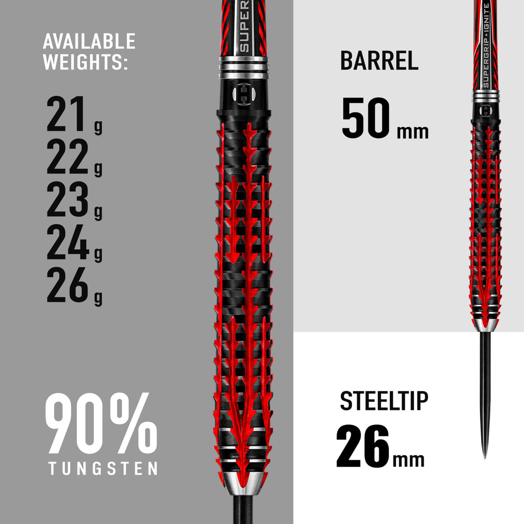 Harrows Fire Inferno 90% Tungsten Steel Tip Darts Set 22g, 23g & 24g- Includes Red Supergrip Ignite Shafts & stunning new 100 Micron Fire Flights