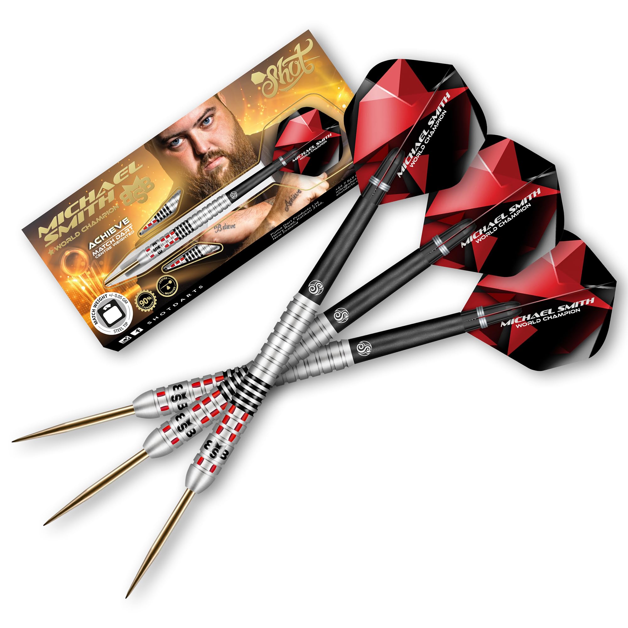 Shot! Darts Michael Smith Achieve Center Weighted 90% Tungsten Pro Throwing Darts Steel Tip Set Professional Made in New Zealand (25, Grams)