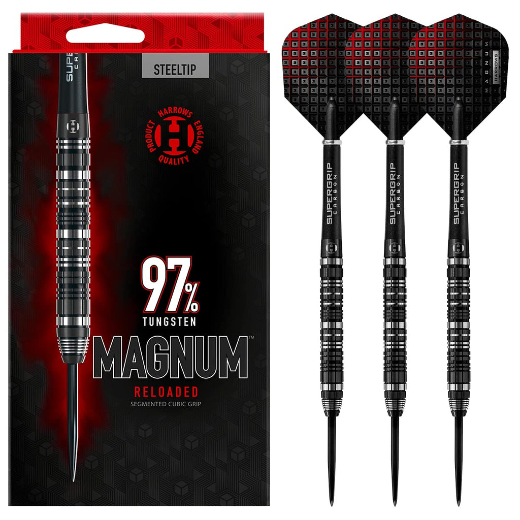 Harrows Magnum Reloaded 97% Tungsten Steel Tip Darts Set 22g, 23g, 24g, & 25g - Includes Slim Parallel Barrel, Silver Supergrip Carbon Midi Shafts &