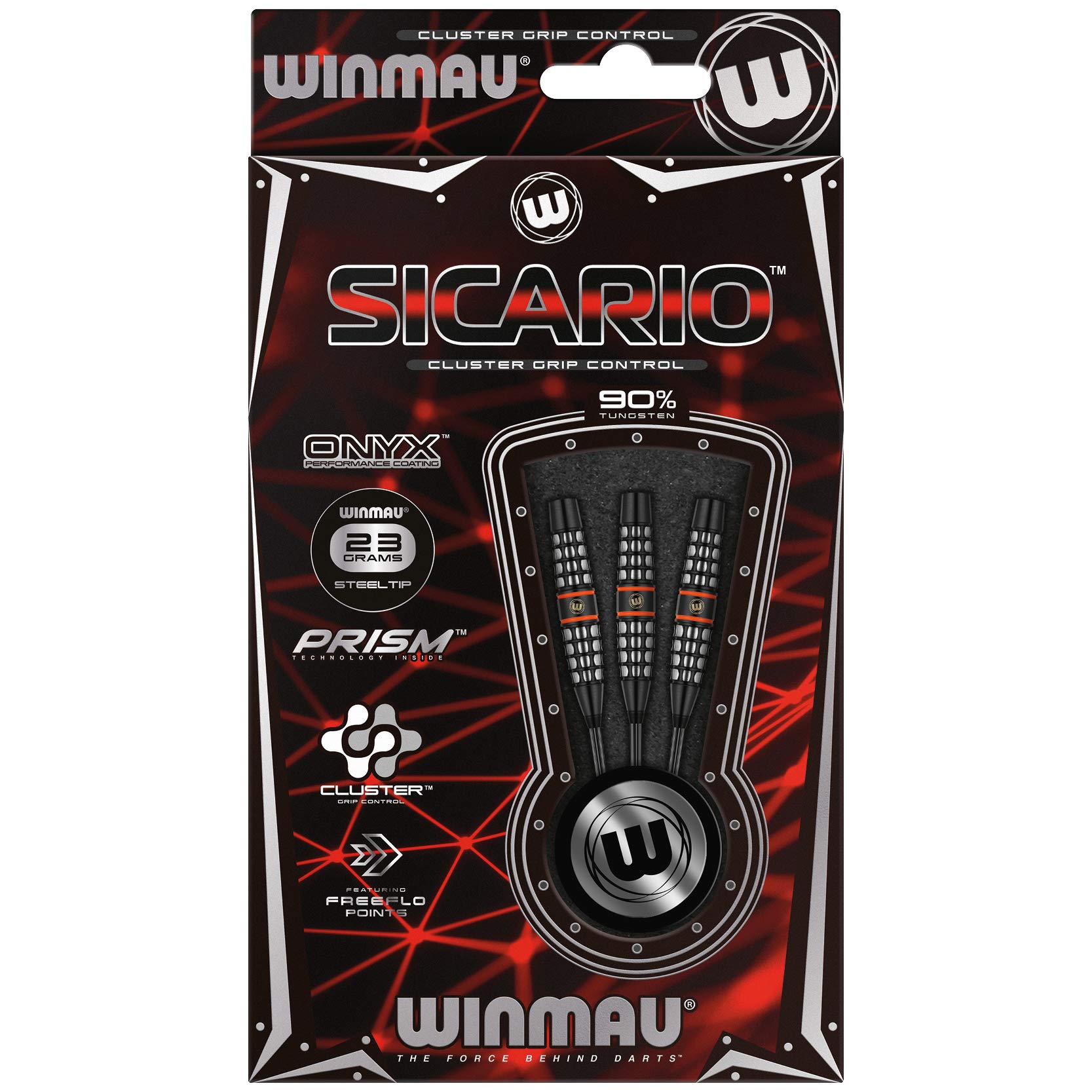 WINMAU Sicario Tungsten Steeltip Darts Set 23g with Prism Flights and Shafts (Stems)