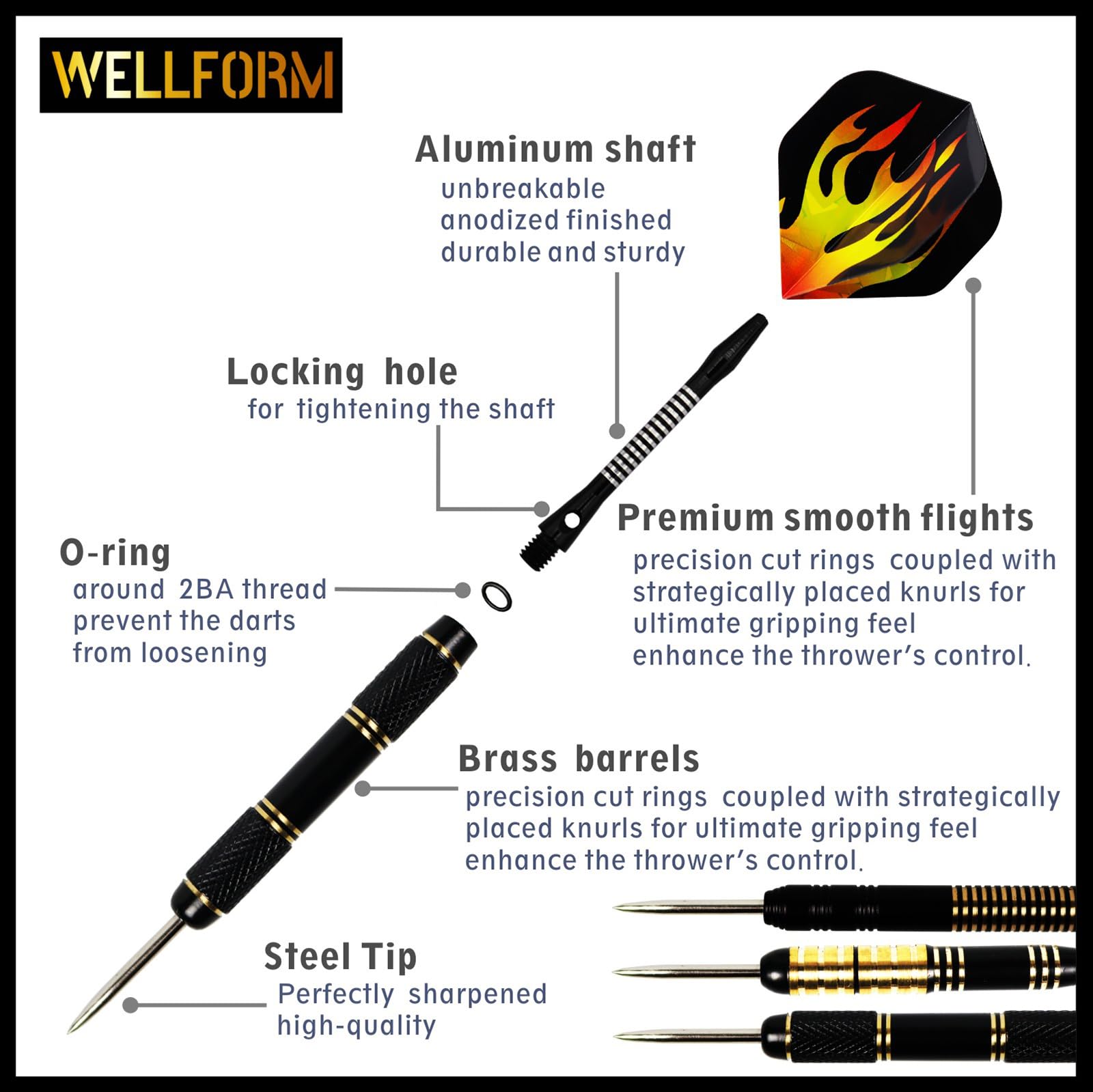 WELLFORM Darts Metal Tip Set, Steel Tip Darts Set 22g and 28g Professional Darts for Dartboard with Darts Guide and Darts Case, Aluminum Shafts, Brass