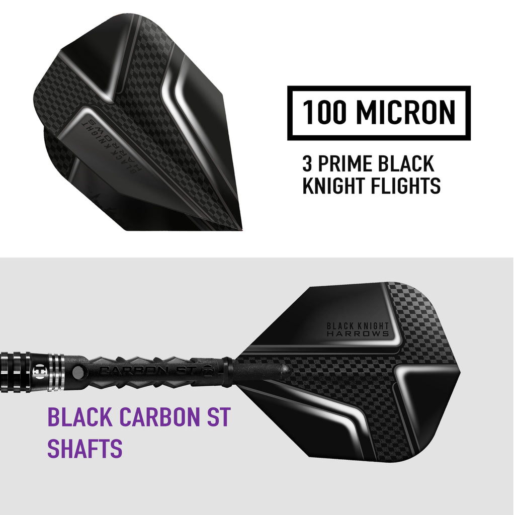 Harrows Black Knight 90% Tungsten Steel Tip Darts Set, 21g - 26g - Includes Black Carbon ST Midi Shafts & Micron Black Knight Flights (22g)