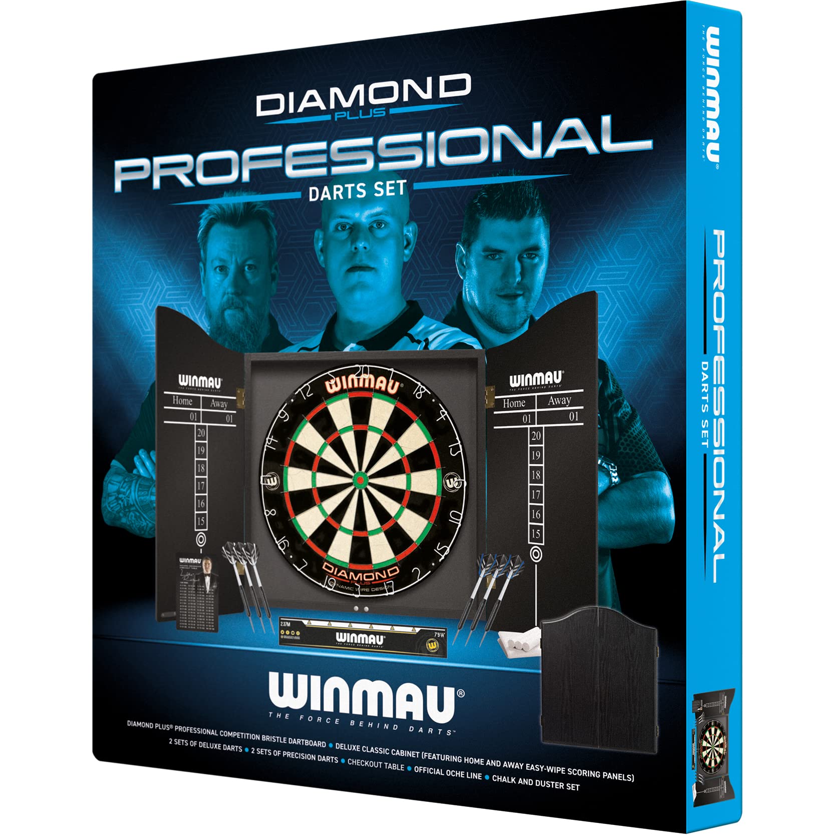 WINMAU Professional Dart Set includes Diamond Plus Bristle Dartboard - Black Cabinet - 2 Sets of Darts - Official Oche Line
