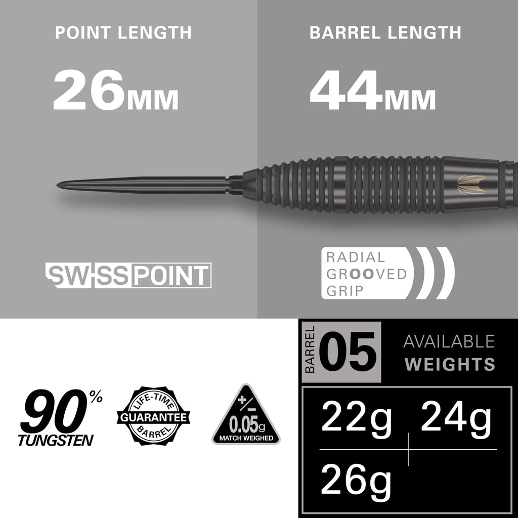 Target Darts Bolide Void 90% Tungsten Dart Set, Steel Tip Swiss Point Darts | Barrel 05, 26G | Professional Darts Sets, Black Darts, Swiss Point Tool