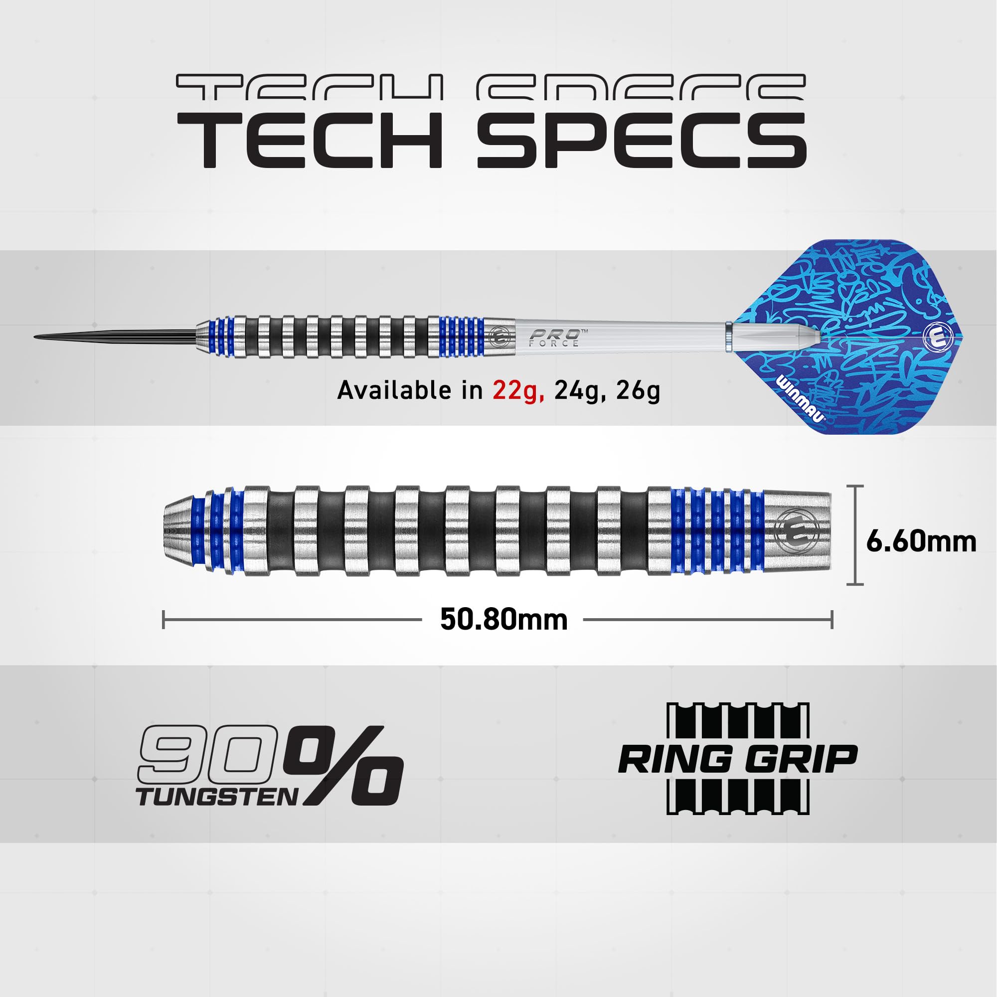 WINMAU Advance 500 Series Tungsten Blue 22 Gram Steeltip Darts Set with Flights and Shafts (Stems)
