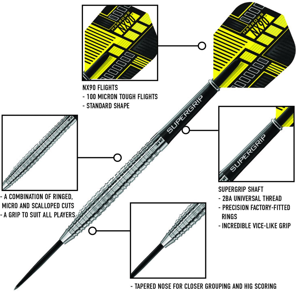Harrows NX90 90% Tungsten Steel Tip Darts Set 21g, 22g, 23g, 24g, 25g & 26g - Includes Black Supergrip Midi Shafts & Micron NX90 Flights (23g)