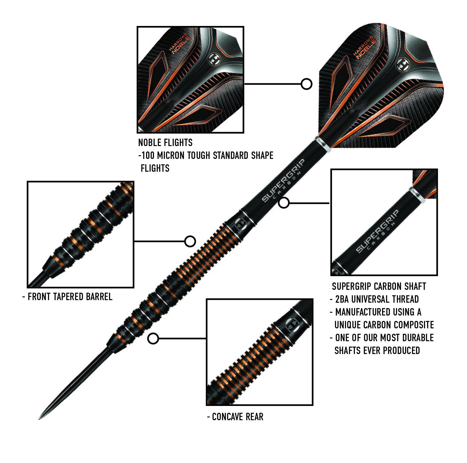 Harrows Noble 90% Tungsten Steel Tip Darts Set 22g, 23g, 24g & 25g - Includes Silver Supergrip Carbon Shafts & Micron Noble Flights (22g)
