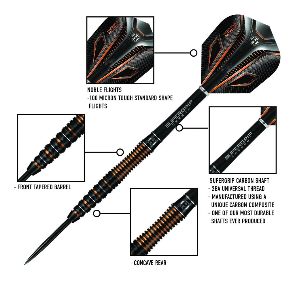 Harrows Noble 90% Tungsten Steel Tip Darts Set 22g, 23g, 24g & 25g - Includes Silver Supergrip Carbon Shafts & Micron Noble Flights (23g)