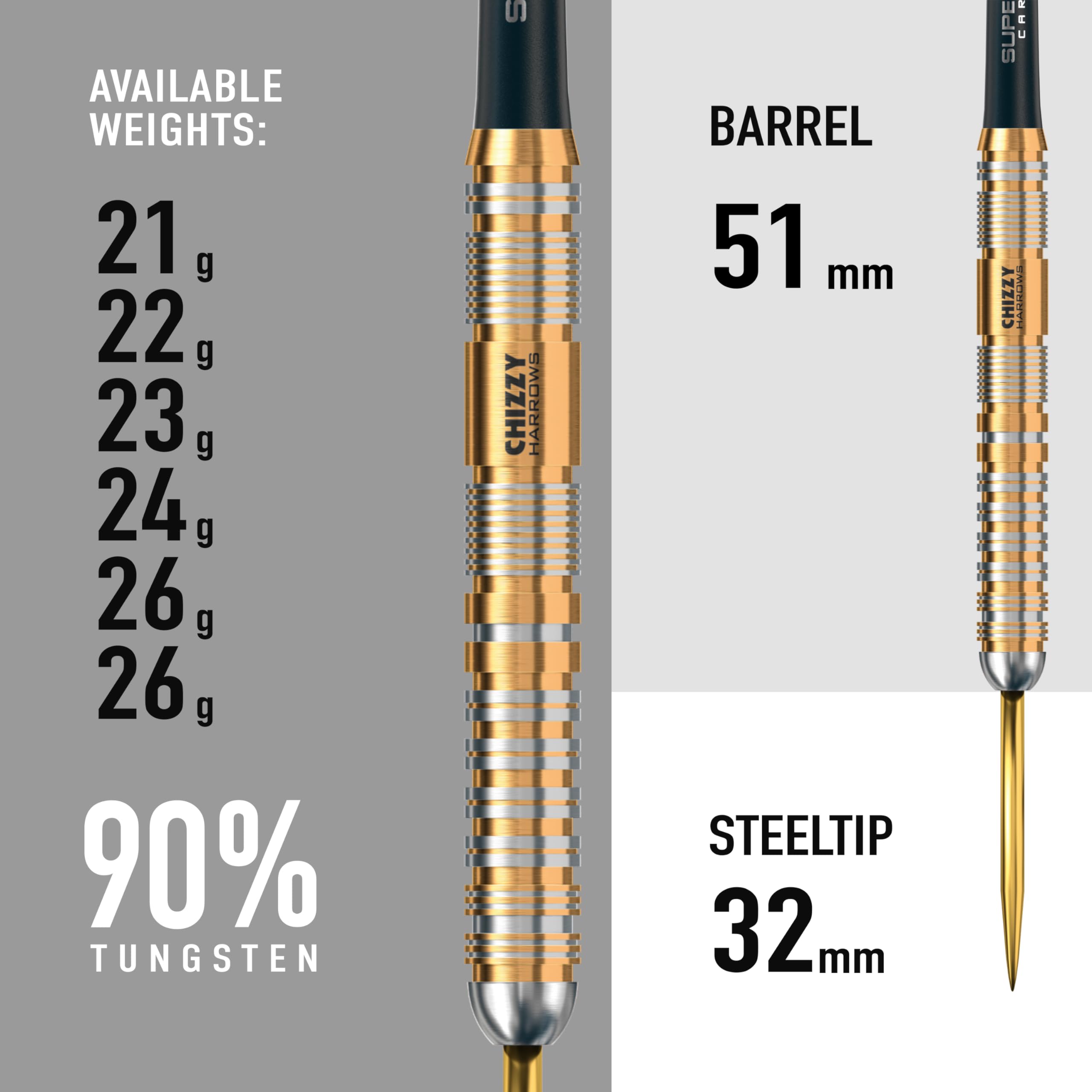 Harrows Dave 'Chizzy' Chisnall 90% Tungsten Darts | Pro Player Steel Tip Darts set| 21g, 22g, 23g, 24g, 25g & 26g | Includes Supergrip Carbon Shafts &