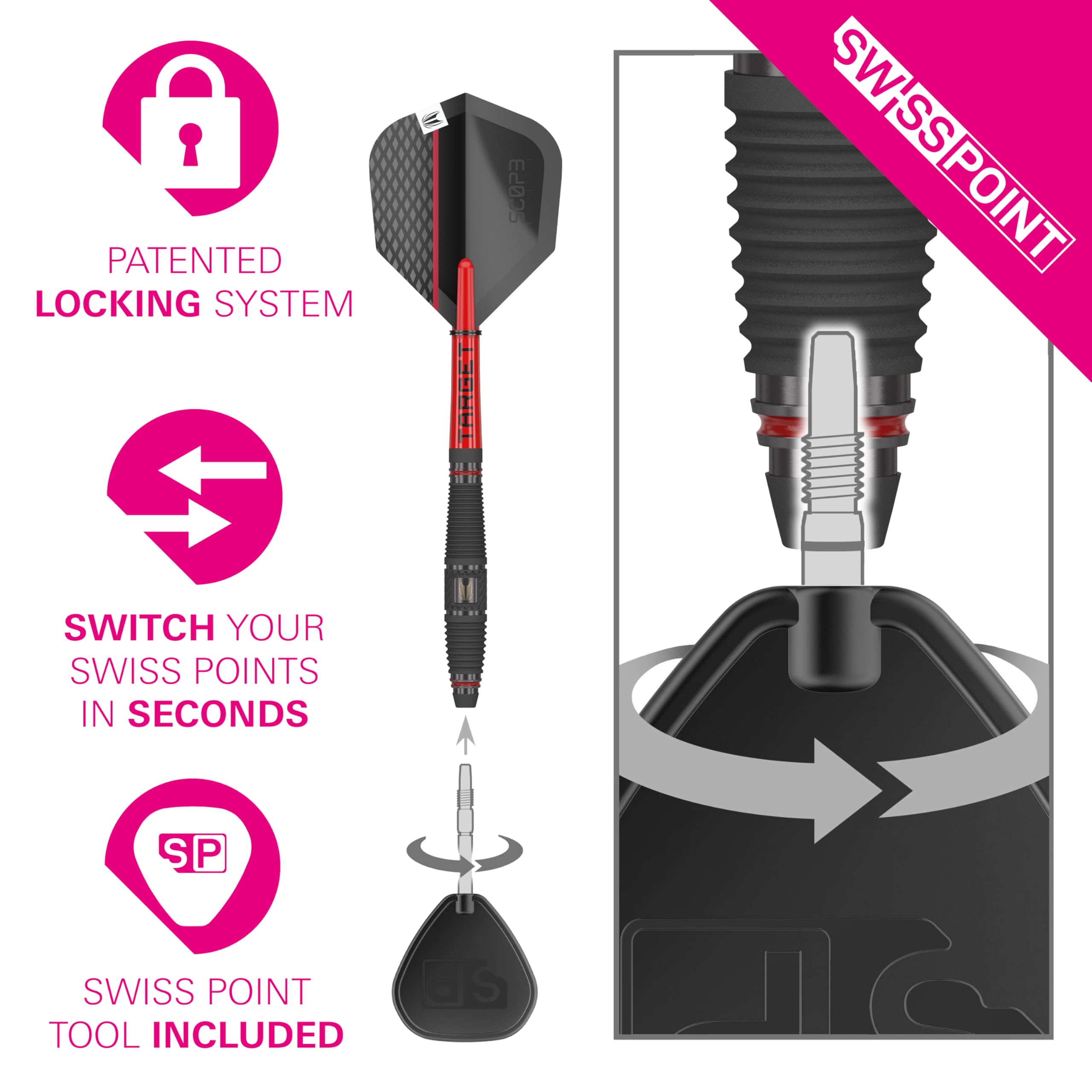 TARGET Darts Scope Steel Tip Swiss Point Darts, 90% Tungsten Dart Set, Barrel 03-25G | Steel Tip Dart Sets, Red & Black Darts, Professional Dart Set