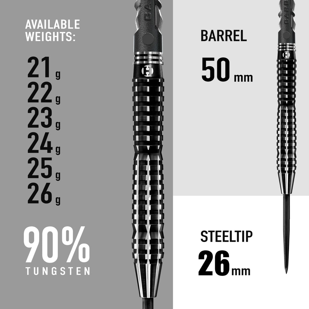 Harrows Black Knight 90% Tungsten Steel Tip Darts Set, 21g - 26g - Includes Black Carbon ST Midi Shafts & Micron Black Knight Flights (22g)
