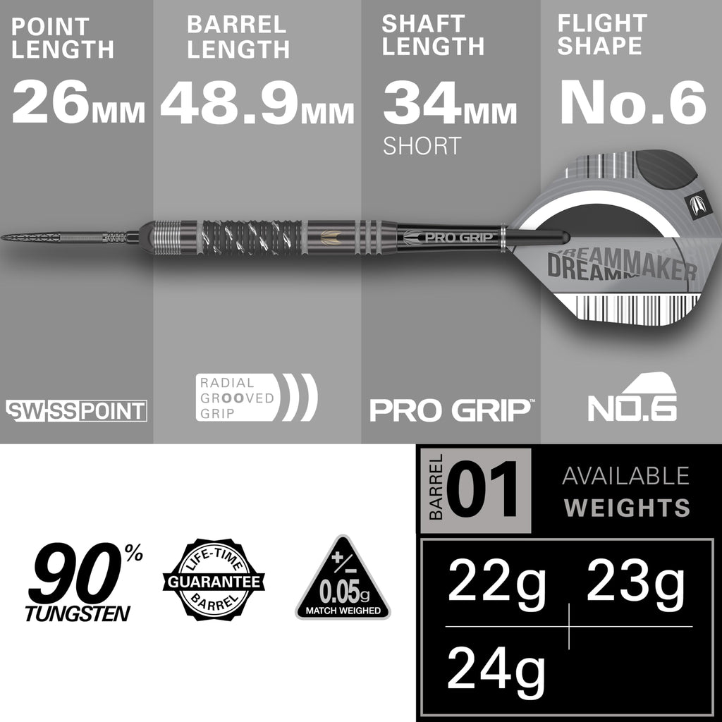 TARGET Darts Dimitri Van Den Bergh x ECHO 90% Tungsten Steel Tip Darts Set ? 24g Steel Tip Dart Set, Swiss Point Darts, SP Tool Included, Player