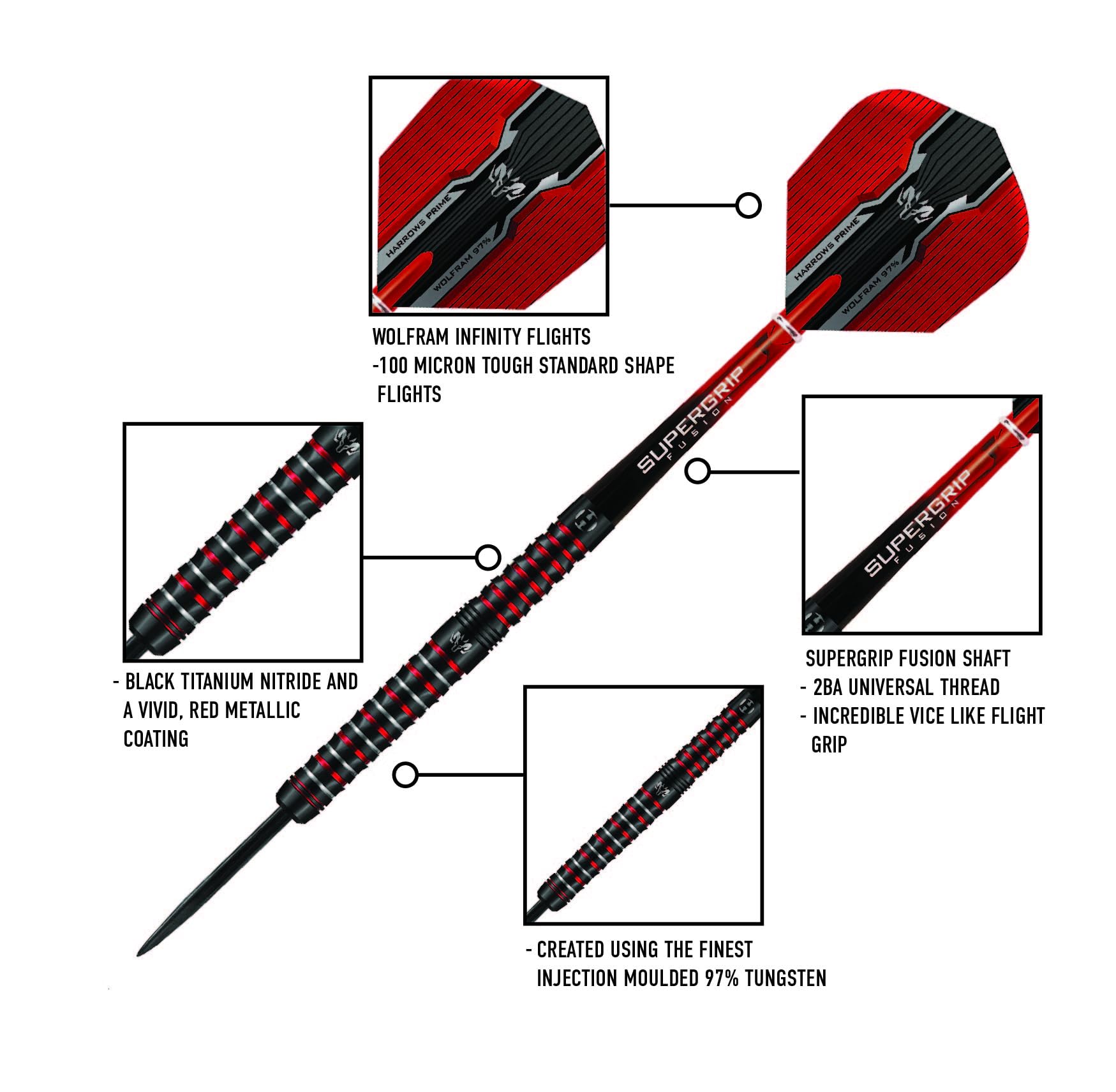 Harrows Wolfram Infinity Steel Tip Tungsten Darts Set 21g, 22g, 23g & 24g - Includes Supergrip Fusion Shafts & Prime Wolfram Infinity Flights (21g)