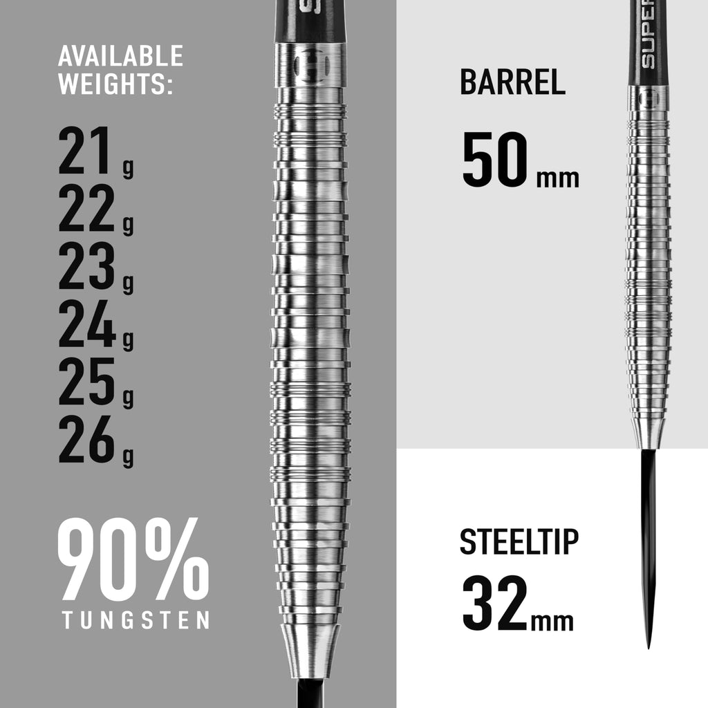 Harrows NX90 90% Tungsten Steel Tip Darts Set 21g, 22g, 23g, 24g, 25g & 26g - Includes Black Supergrip Midi Shafts & Micron NX90 Flights (23g)