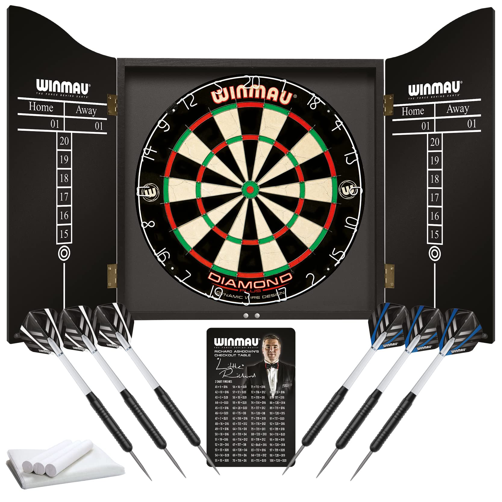 WINMAU Professional Dart Set includes Diamond Plus Bristle Dartboard - Black Cabinet - 2 Sets of Darts - Official Oche Line