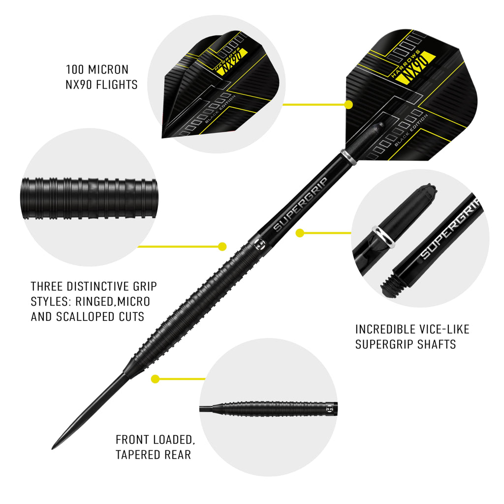Harrows NX90 BLACK EDITION 90% Tungsten Steel Tip Darts Set 21g, 22g, 23g, 24g, 25g & 26g - Includes Black Supergrip Midi Shafts & Micron NX90