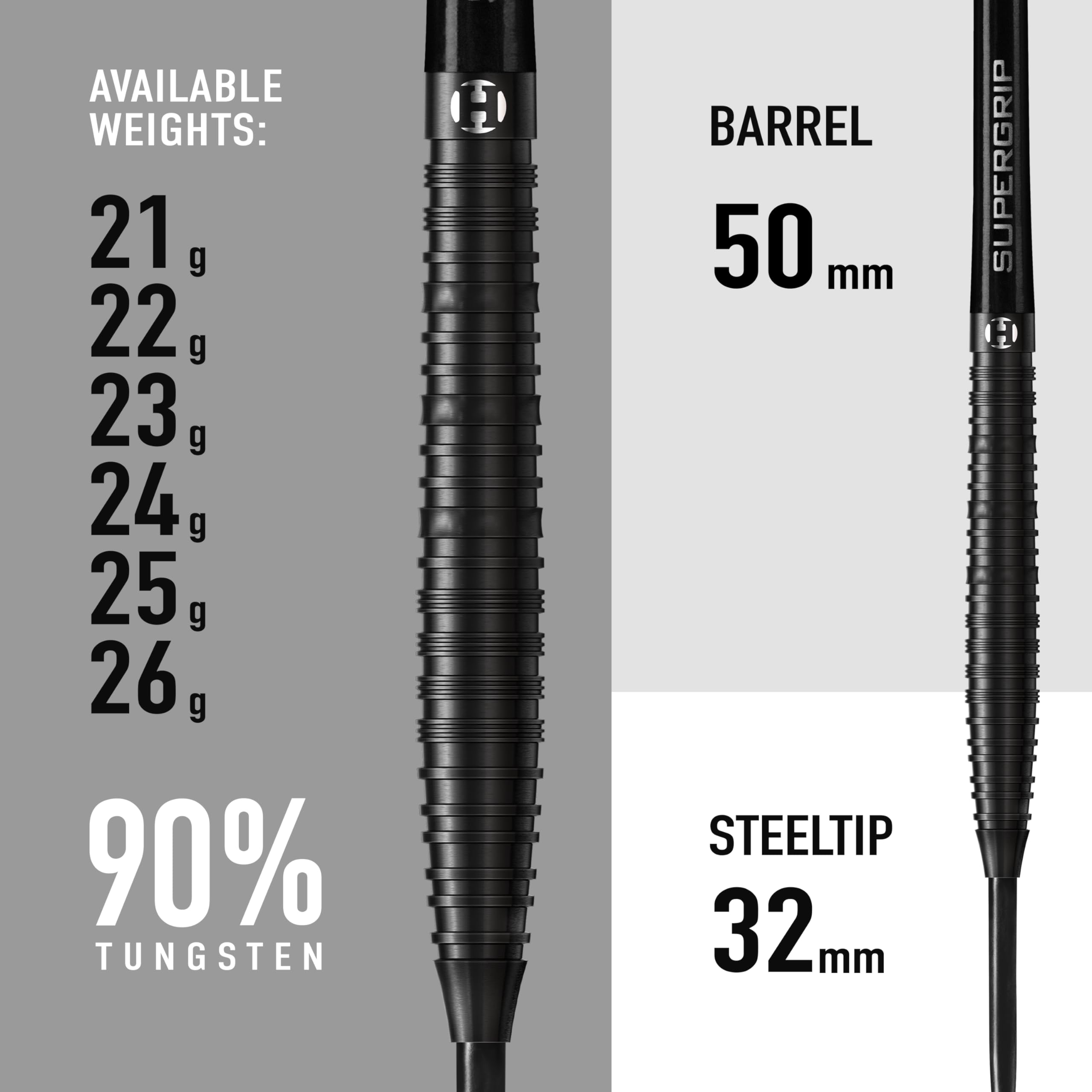 Harrows NX90 BLACK EDITION 90% Tungsten Steel Tip Darts Set 21g, 22g, 23g, 24g, 25g & 26g - Includes Black Supergrip Midi Shafts & Micron NX90