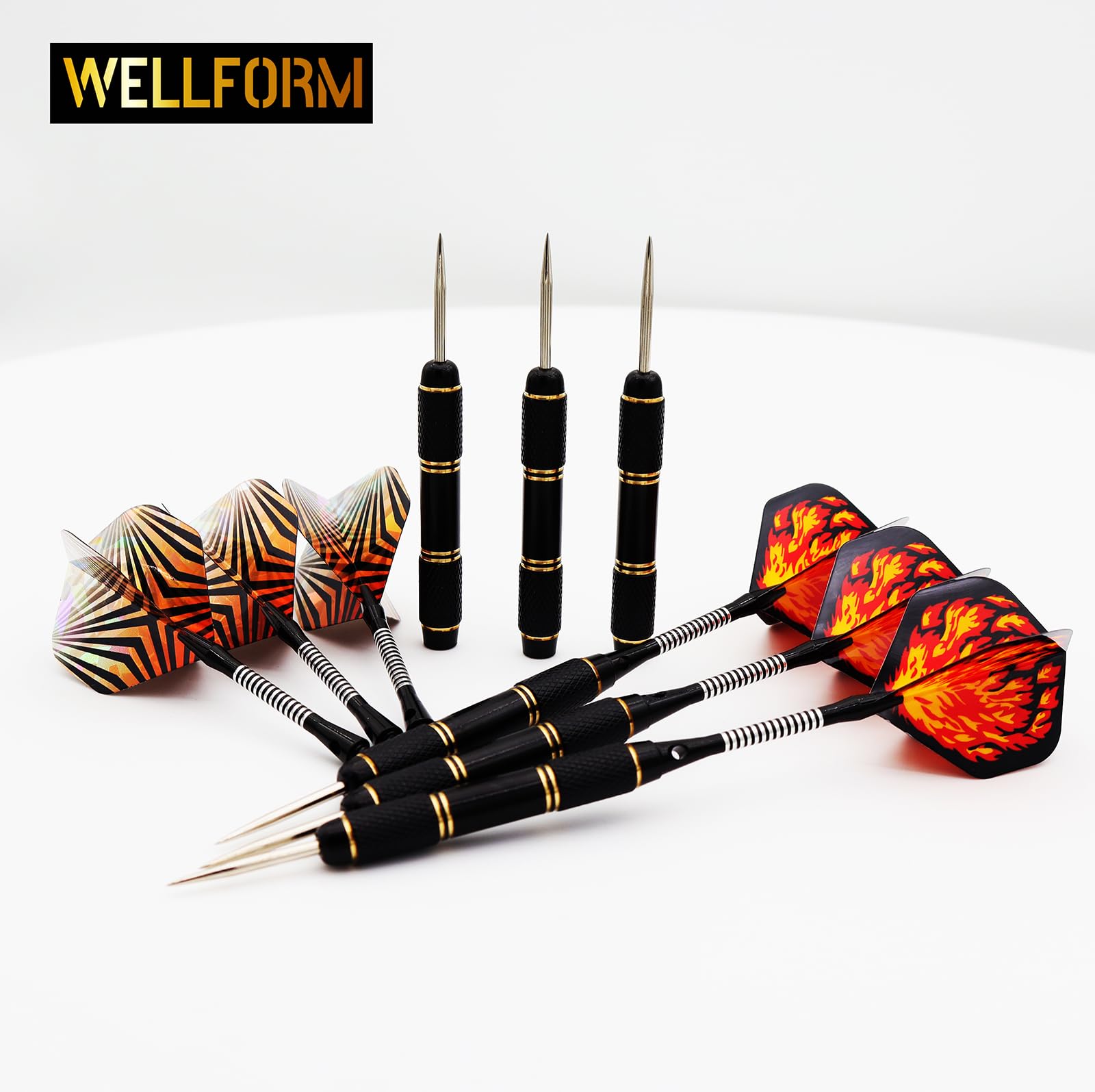 WELLFORM Darts Metal Tip Set, Steel Tip Darts Set 22g and 28g Professional Darts for Dartboard with Darts Guide and Darts Case, Aluminum Shafts, Brass