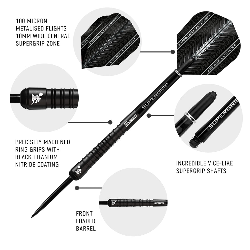 Harrows SUPERGRIP BLACK EDITION 90% Tungsten Steel Tip Darts Set. Available in 21g, 22g, 23g, 24g, 25g, 26g, 28g & 30g - Includes Supergrip Shafts &