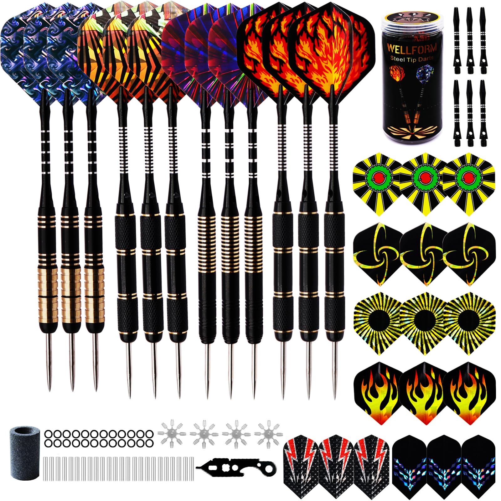 WELLFORM Darts Metal Tip Set, Steel Tip Darts Set 22g and 28g Professional Darts for Dartboard with Darts Guide and Darts Case, Aluminum Shafts, Brass