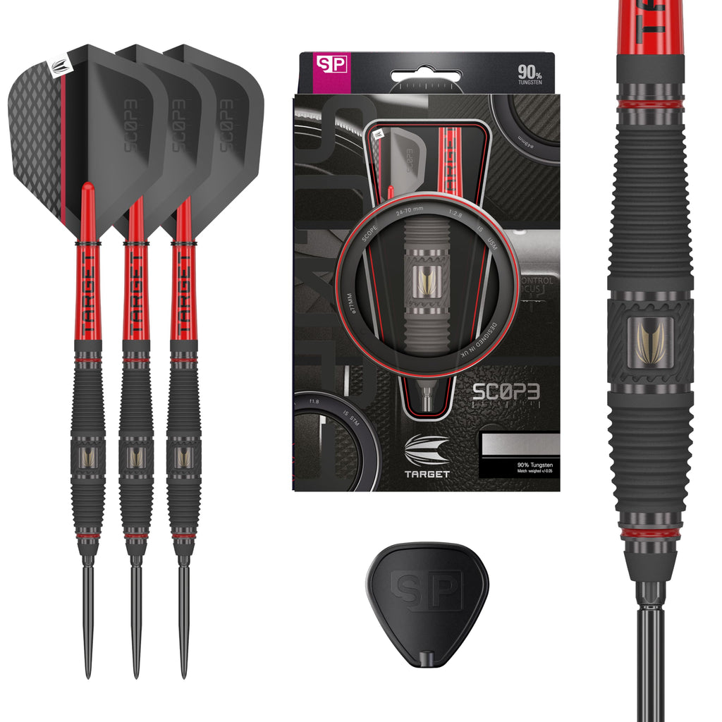 TARGET Darts Scope Steel Tip Swiss Point Darts, 90% Tungsten Dart Set, Barrel 03-21G | Steel Tip Dart Sets, Red & Black Darts, Professional Dart Set