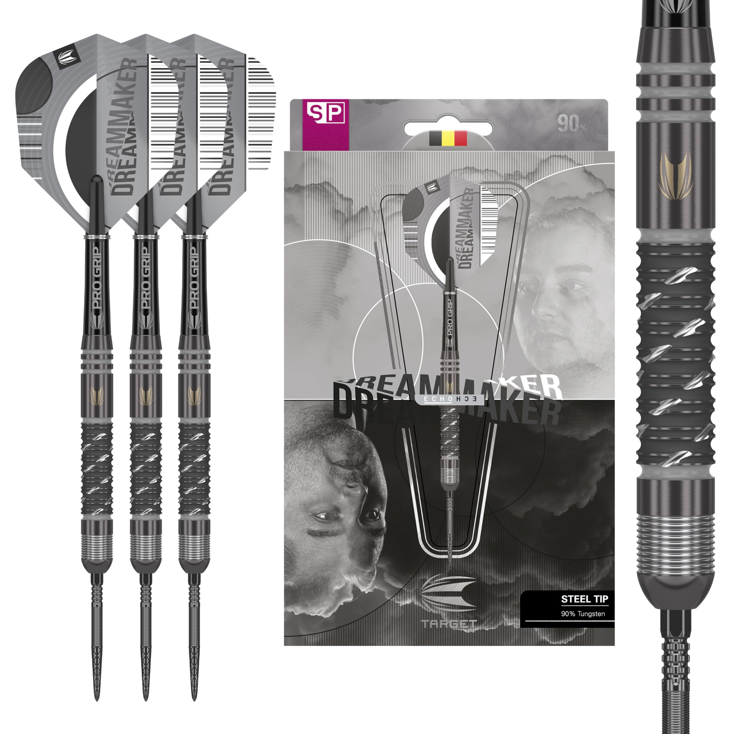 TARGET Darts Dimitri Van Den Bergh x ECHO 90% Tungsten Steel Tip Darts Set ? 24g Steel Tip Dart Set, Swiss Point Darts, SP Tool Included, Player