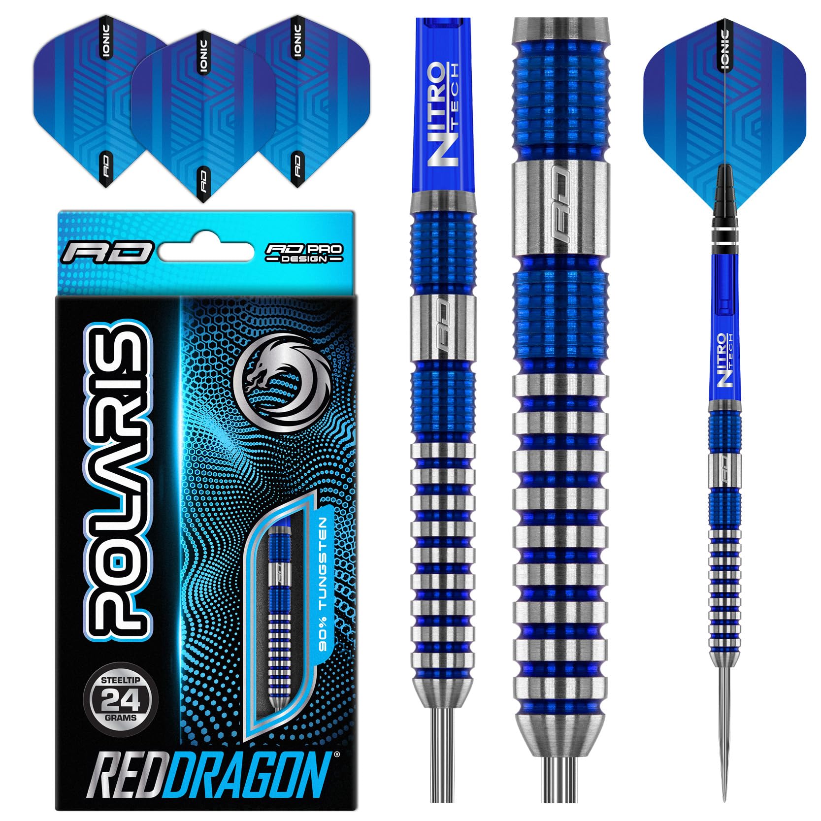 RED DRAGON Polaris: 24 gram Tungsten Professional Darts Set with Flights and Nitrotech Shafts (Stems)