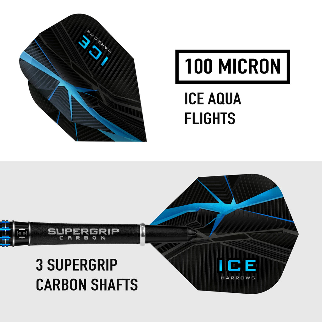 Harrows Ice Recut 90% Tungsten Steel Tip Darts Set 21g, 22g, 23g & 24g - Includes Silver Supergrip Carbon Midi Shafts & New 100 Micron ICE Flights