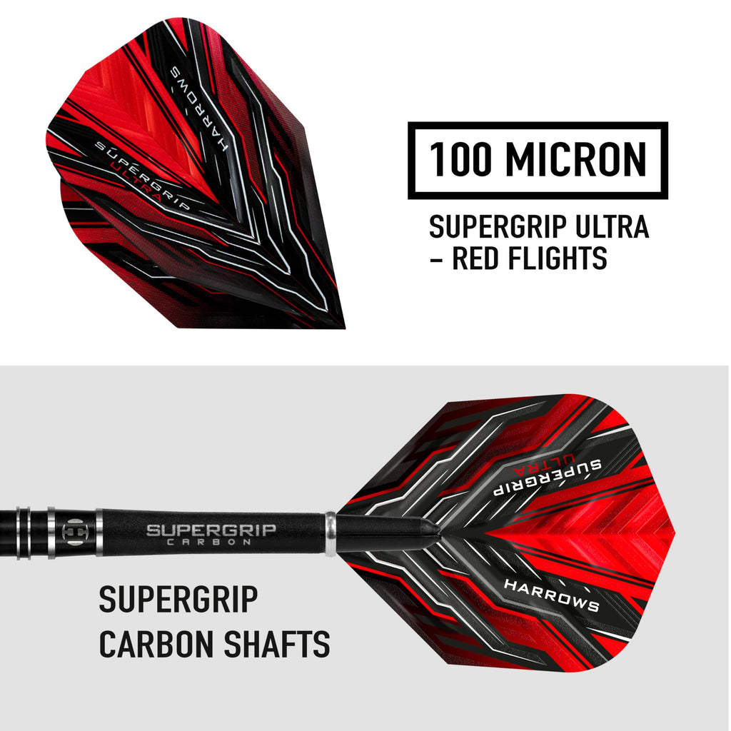 Harrows SUPERGRIP ULTRA 90% Tungsten Steel Tip Darts Set. Available in 21g, 22g, 23g, 24g, 25g, 26g, 28g & 30g - Includes Supergrip Carbon Shafts,
