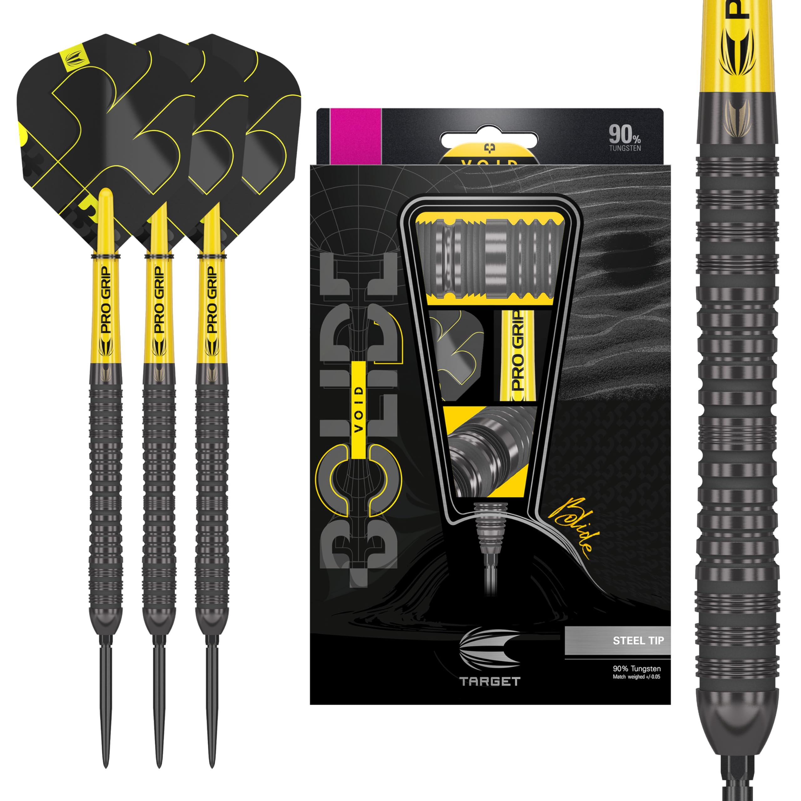 Target Darts Bolide Void 90% Tungsten Dart Set, Steel Tip Swiss Point Darts | Barrel 04, 25G | Professional Darts Sets, Black Darts, Swiss Point Tool