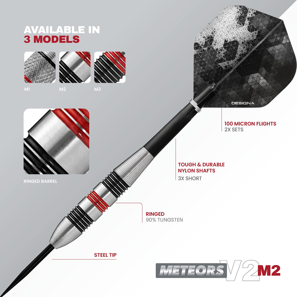 DESIGNA DARTS Meteors 90 V2 Darts | M2 | Ringed Steel Tip Darts Set | 36g (D8647)